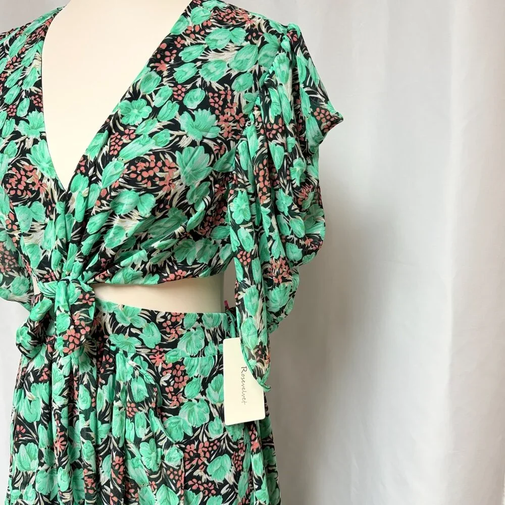 Rosevelvet Floral Cutout Midi Dress Mint Green Puff Sleeve Tie Front Boho Size M - Picture 6 of 9
